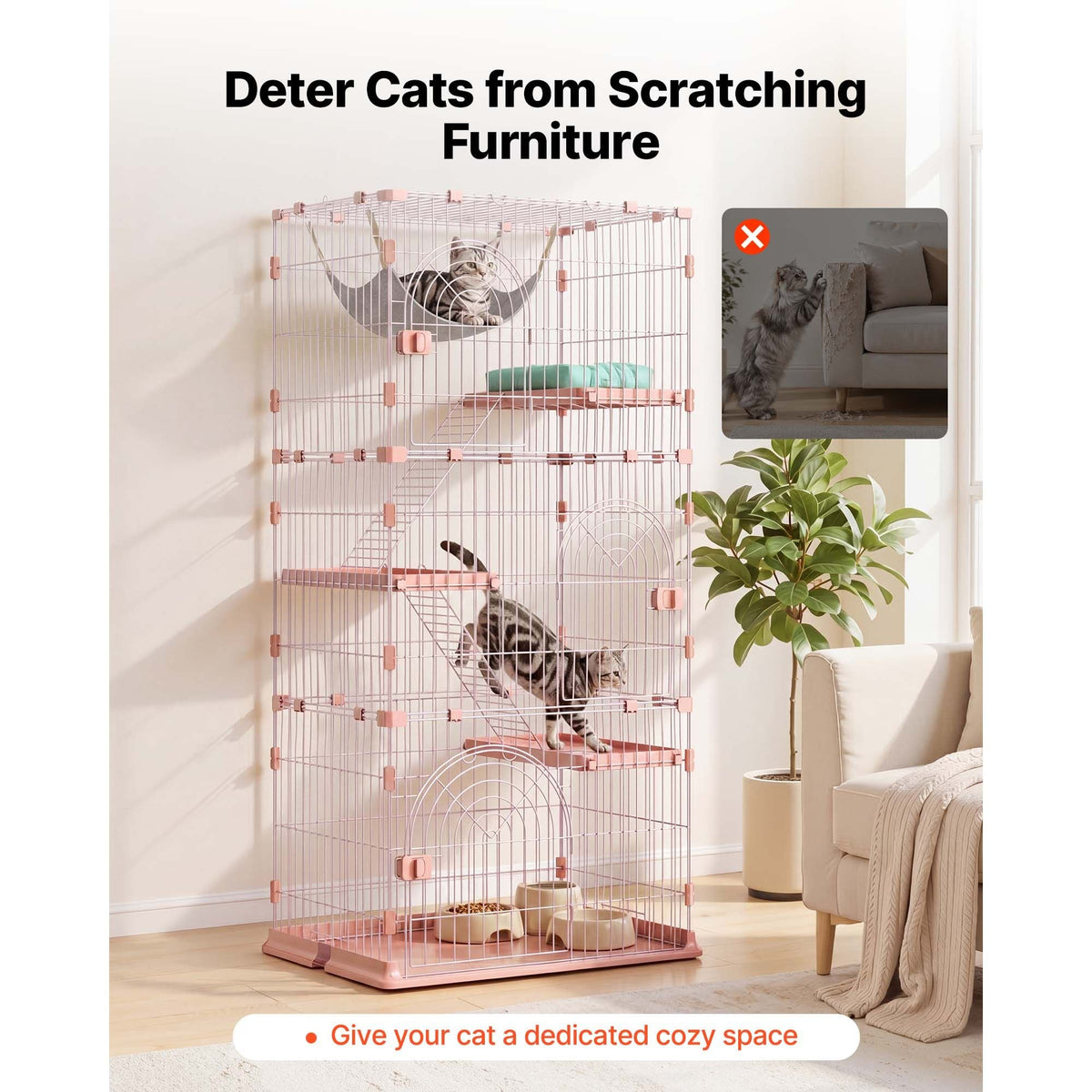 Cat Cage 4-Tier 33.07"x23.82"x64.37" DIY Cat Playpen with Ladders, Indoor Enclosure Detachable Metal Wire Kennel Crate, Large Exercise Place for 1-2 Cats, Kittens, Ferrets, Small Animals, Pink