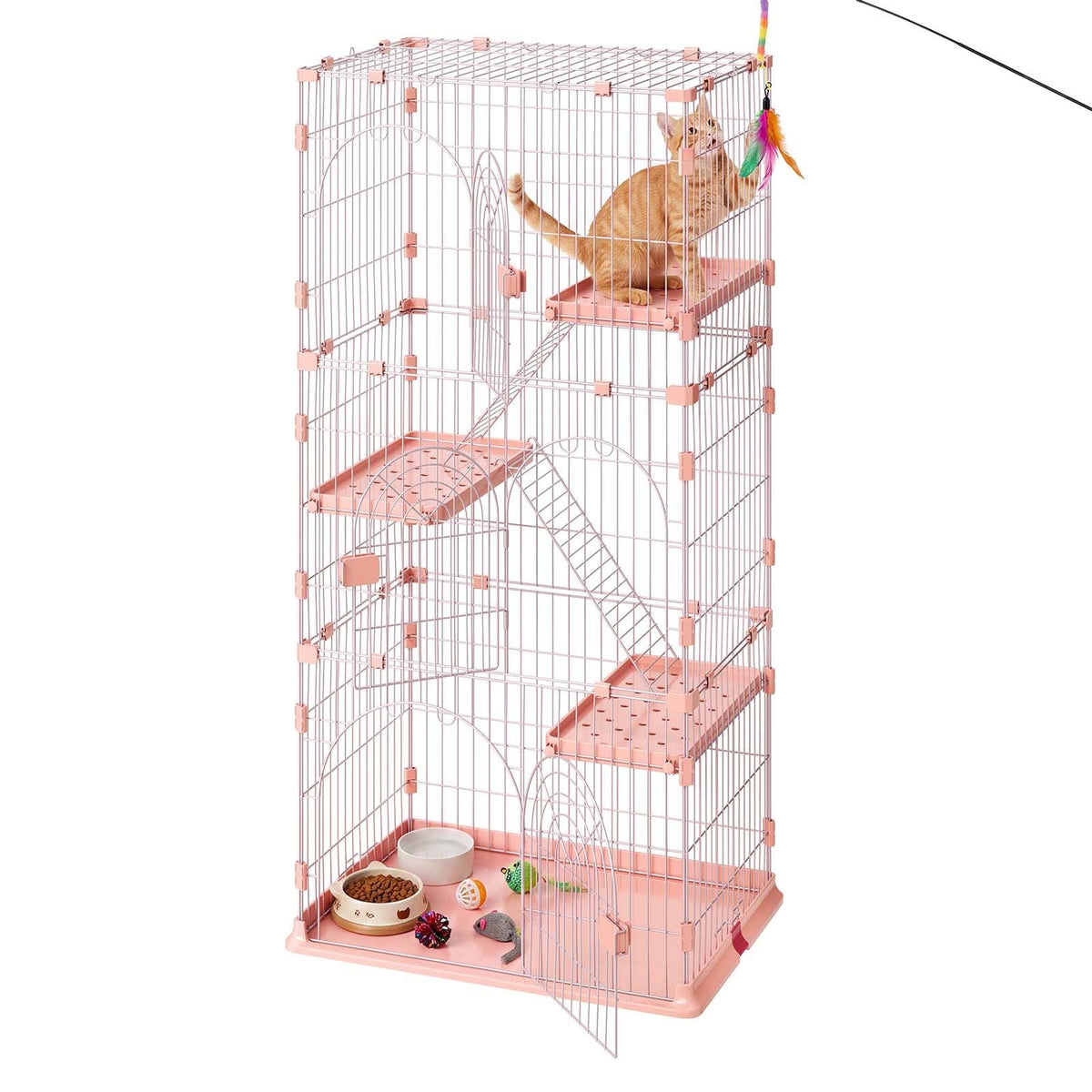 Cat Cage 4-Tier 33.07"x23.82"x64.37" DIY Cat Playpen with Ladders, Indoor Enclosure Detachable Metal Wire Kennel Crate, Large Exercise Place for 1-2 Cats, Kittens, Ferrets, Small Animals, Pink