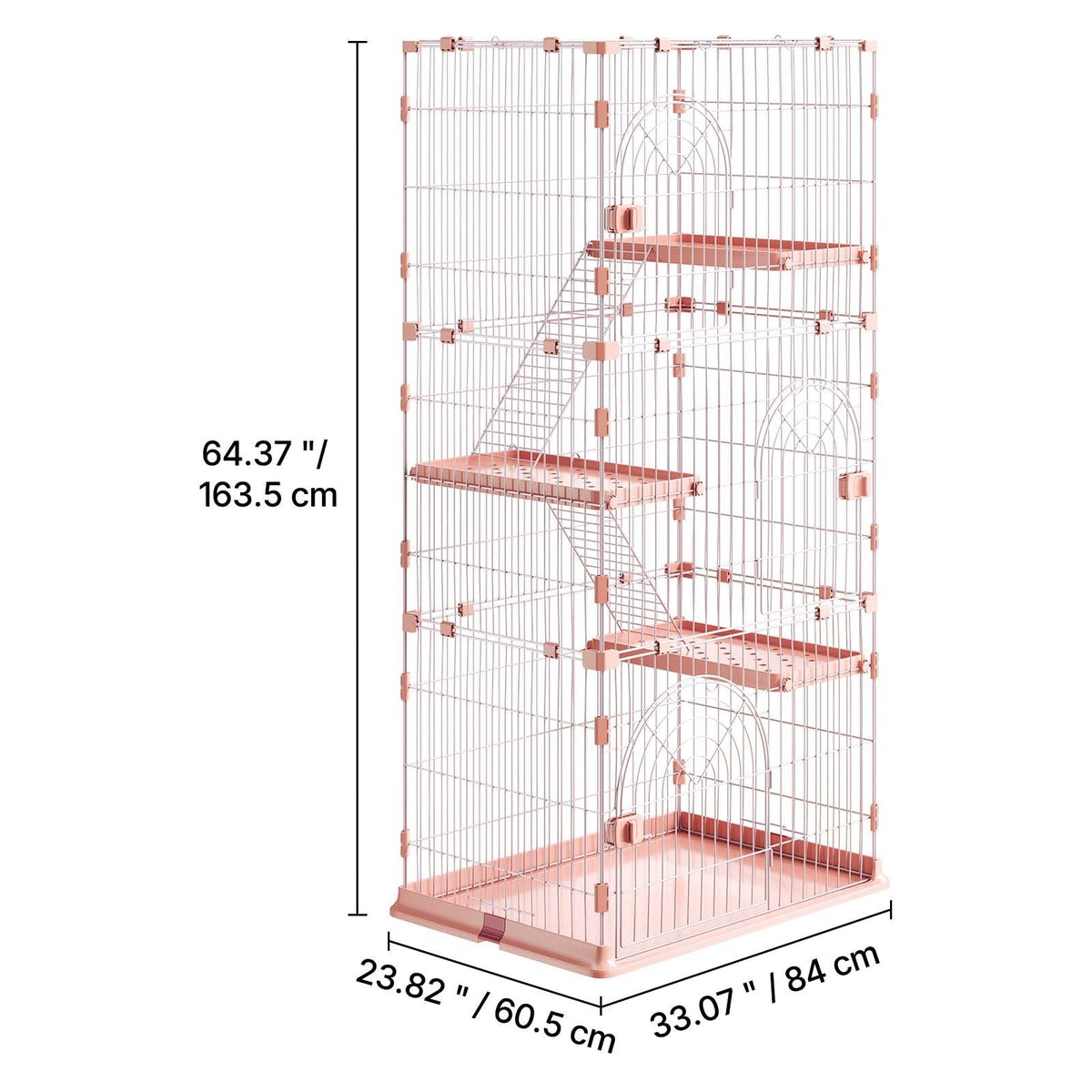 Cat Cage 4-Tier 33.07"x23.82"x64.37" DIY Cat Playpen with Ladders, Indoor Enclosure Detachable Metal Wire Kennel Crate, Large Exercise Place for 1-2 Cats, Kittens, Ferrets, Small Animals, Pink