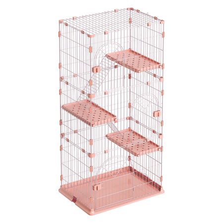 Cat Cage 4-Tier 33.07"x23.82"x64.37" DIY Cat Playpen with Ladders, Indoor Enclosure Detachable Metal Wire Kennel Crate, Large Exercise Place for 1-2 Cats, Kittens, Ferrets, Small Animals, Pink