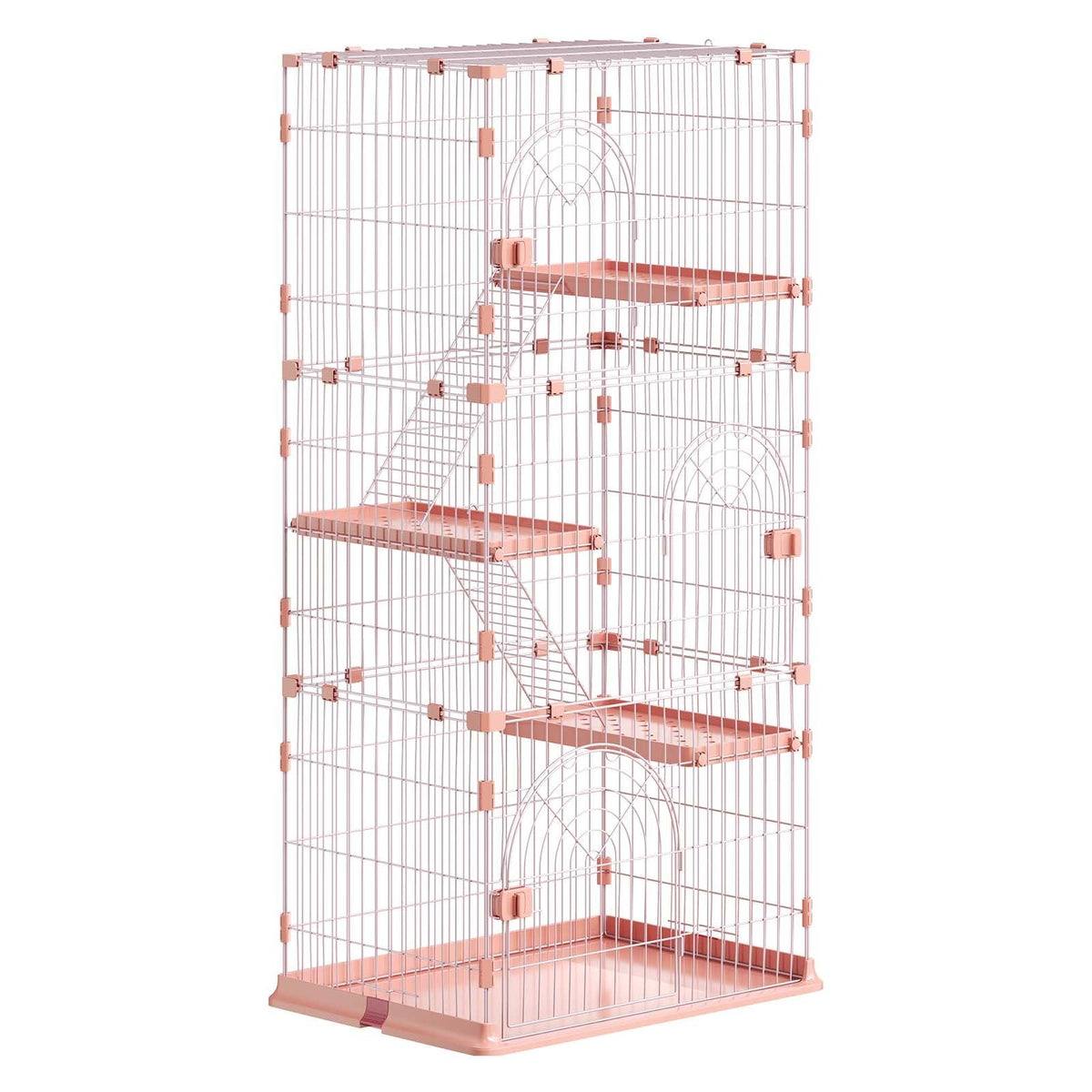 Cat Cage 4-Tier 33.07"x23.82"x64.37" DIY Cat Playpen with Ladders, Indoor Enclosure Detachable Metal Wire Kennel Crate, Large Exercise Place for 1-2 Cats, Kittens, Ferrets, Small Animals, Pink