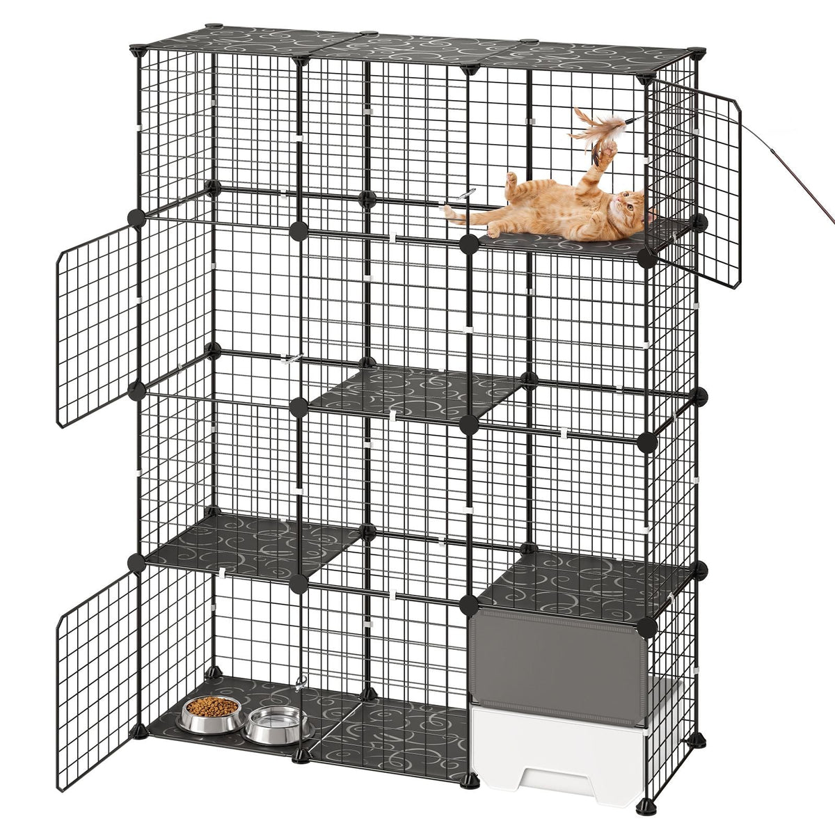 Cat Cage 4-Tier 40.98"x13.98"x55" DIY Cat Playpen with Litter Box, Indoor Enclosure Detachable Metal Wire Kennel Crate, Large Exercise Place for 1-2 Cats, Kittens, Ferret, Small Animals, Black