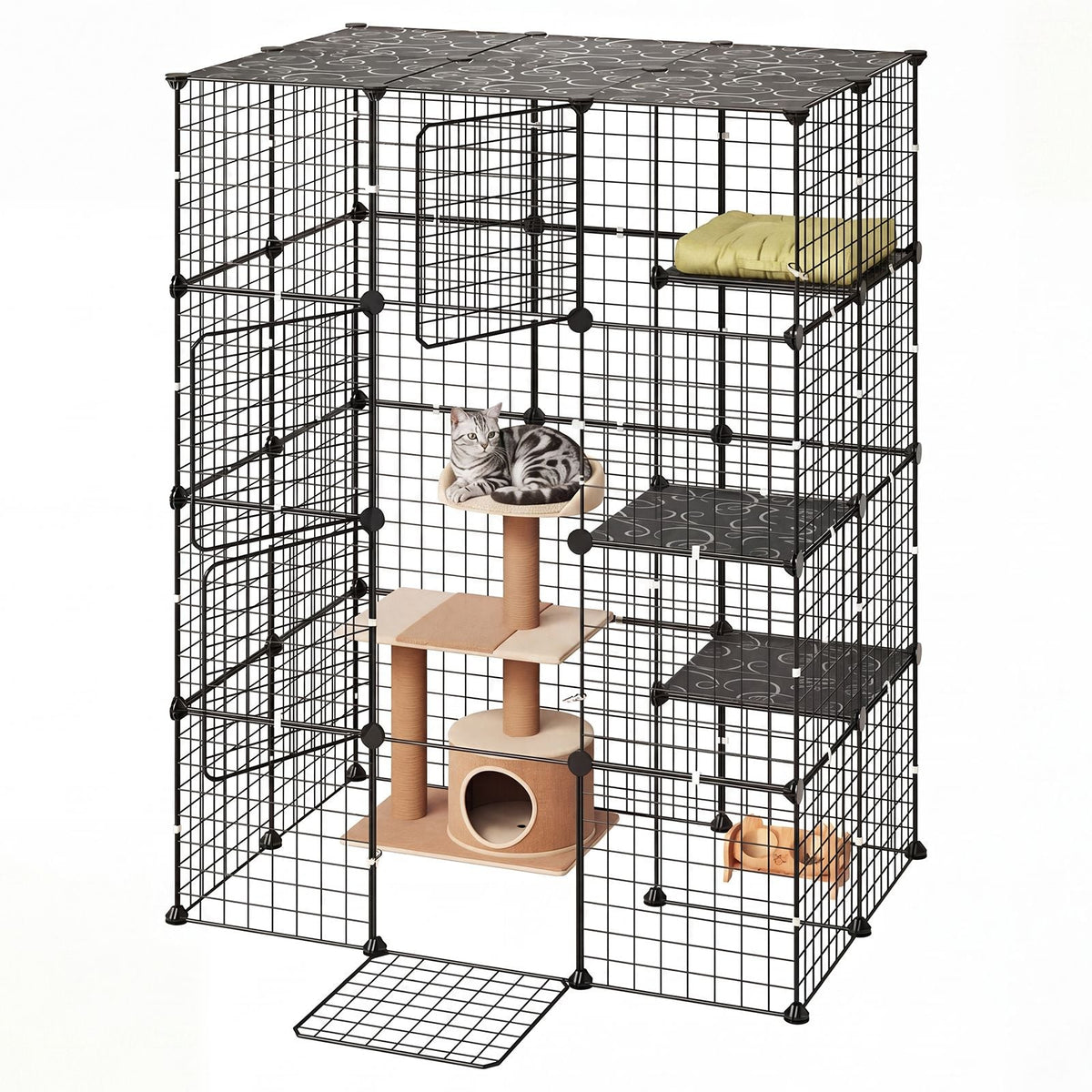 Cat Cage 4-Tier 40.98"x27.99"x55" DIY Cat Playpen Indoor Enclosure, Detachable Metal Wire Kennel Crate with 4 Doors, Large Exercise Place Ideal for 1-2 Cats, Kittens and Small Animals, Black