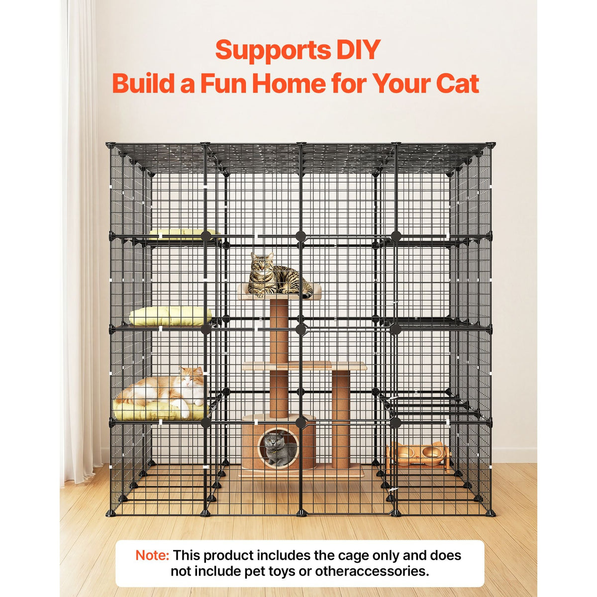 Cat Cage 4-Tier 55"x55"x55" Large DIY Cat Playpen Indoor Enclosure, Detachable Metal Wire Kennel Crate with 3 Doors & Locks, Exercise Place Ideal for 2-3 Cats, Kittens and Small Animals, Black