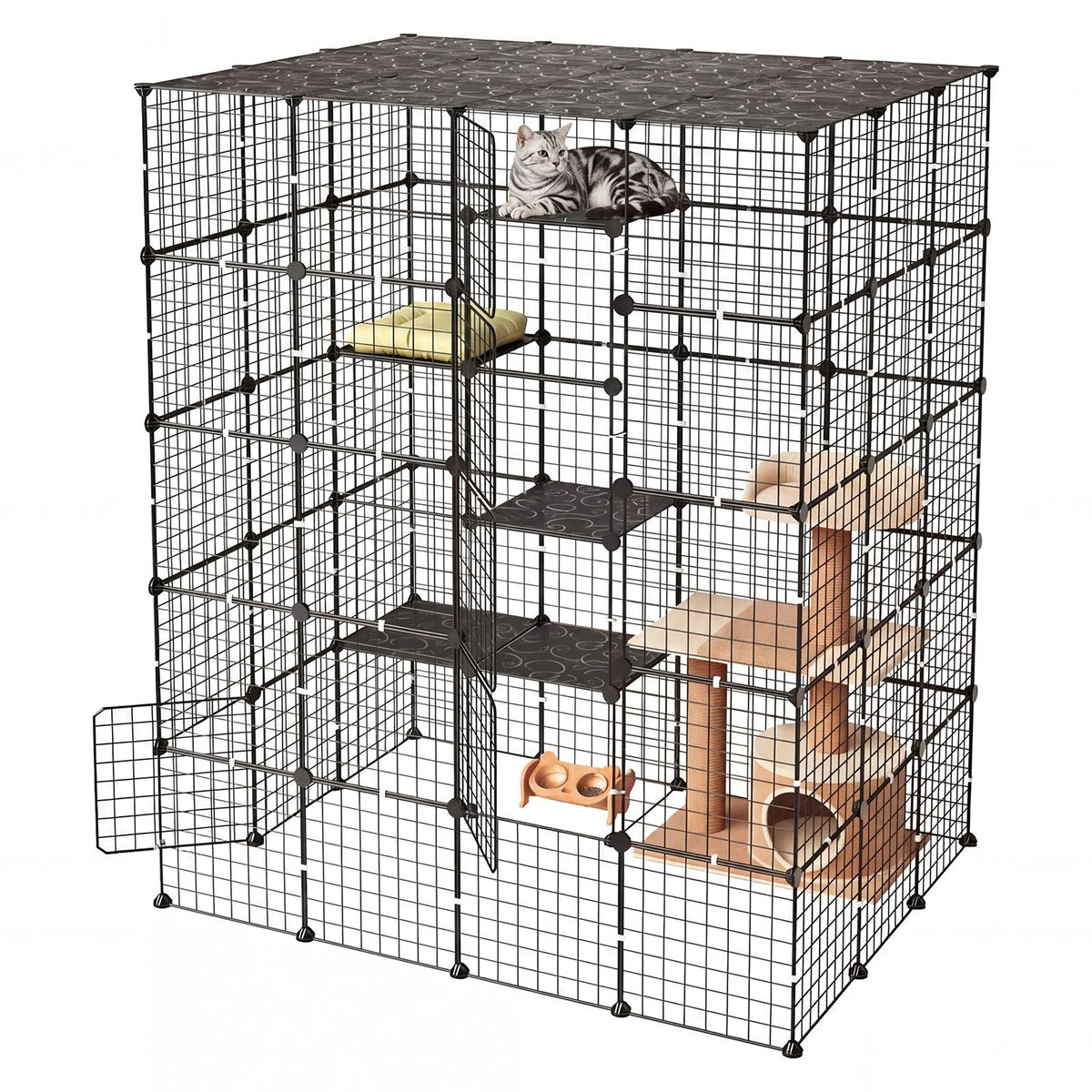 Cat Cage 5-Tier 55"x40.98"x68.98" DIY Cat Playpen Indoor Enclosure, Detachable Metal Wire Kennel Crate with 5 Doors, Large Exercise Place Ideal for 2-3 Cats, Kittens and Small Animals, Black