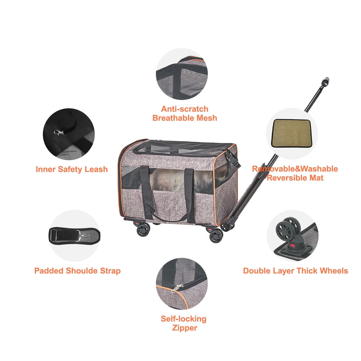 Cat Carrier with Wheels, Airline Approved Rolling Pet Carrier with Telescopic Handle and Shoulder Strap, Dog Carrier with Wheels for Pets under 22 lbs, with 1 Folding Bowl, Grey