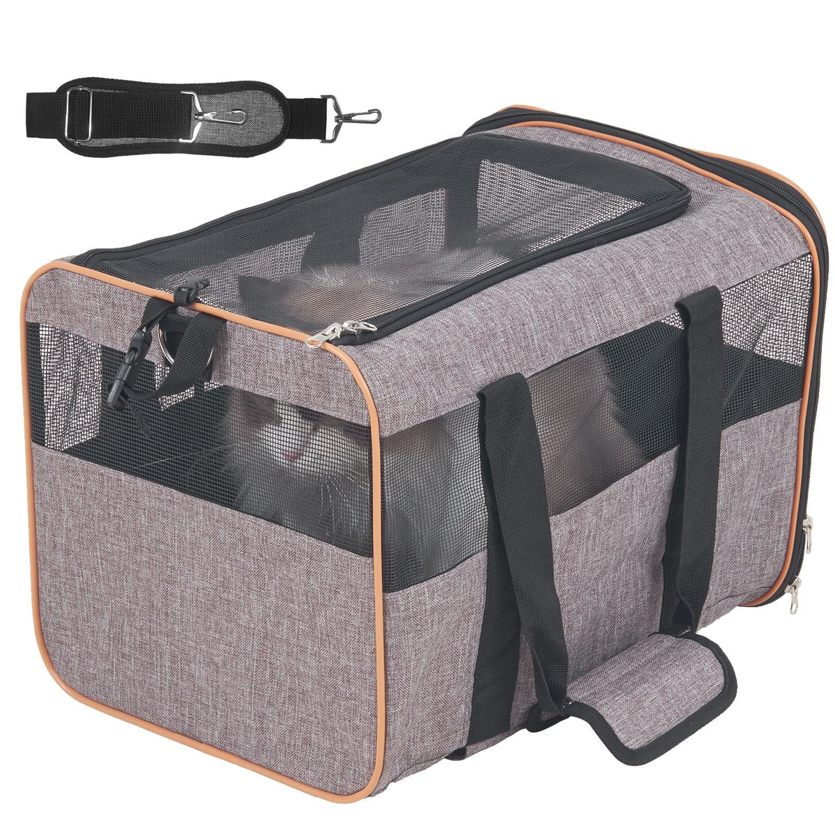 Cat Carrier with Wheels, Airline Approved Rolling Pet Carrier with Telescopic Handle and Shoulder Strap, Dog Carrier with Wheels for Pets under 22 lbs, with 1 Folding Bowl, Grey