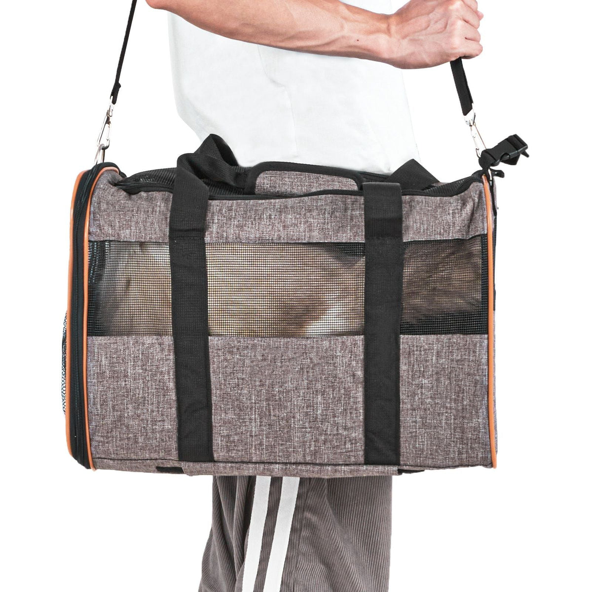 Cat Carrier with Wheels, Airline Approved Rolling Pet Carrier with Telescopic Handle and Shoulder Strap, Dog Carrier with Wheels for Pets under 22 lbs, with 1 Folding Bowl, Grey