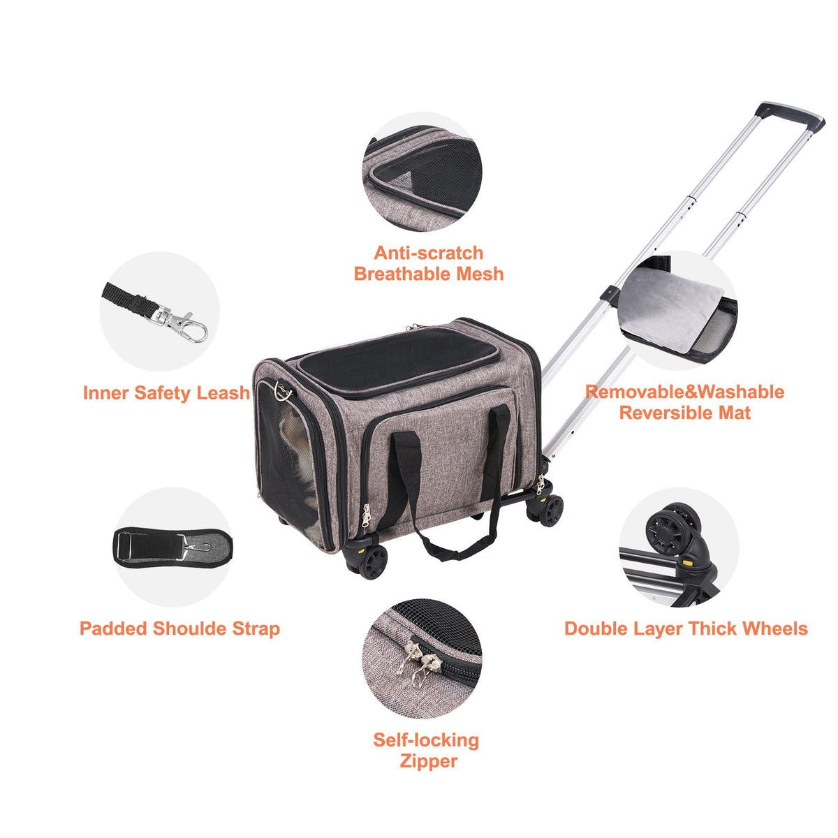 Cat Carrier with Wheels, Airline Approved Rolling Pet Carrier with Telescopic Handle and Shoulder Strap, Dog Carrier with Wheels for Pets under 25 lbs, with 1 Folding Bowl, Grey