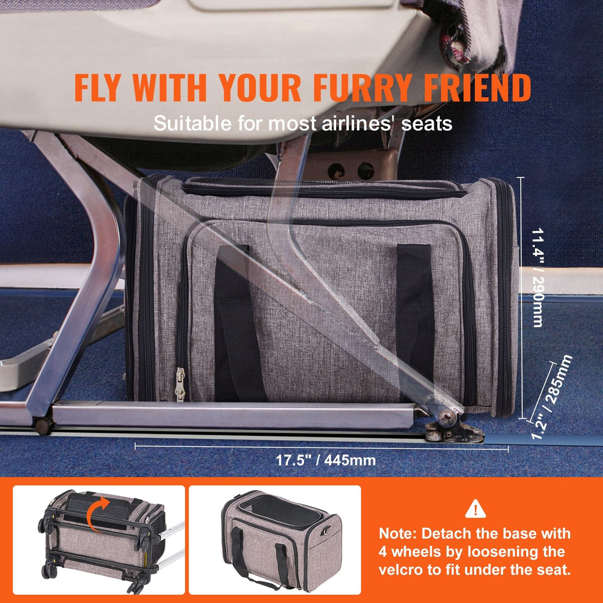 Cat Carrier with Wheels, Airline Approved Rolling Pet Carrier with Telescopic Handle and Shoulder Strap, Dog Carrier with Wheels for Pets under 25 lbs, with 1 Folding Bowl, Grey
