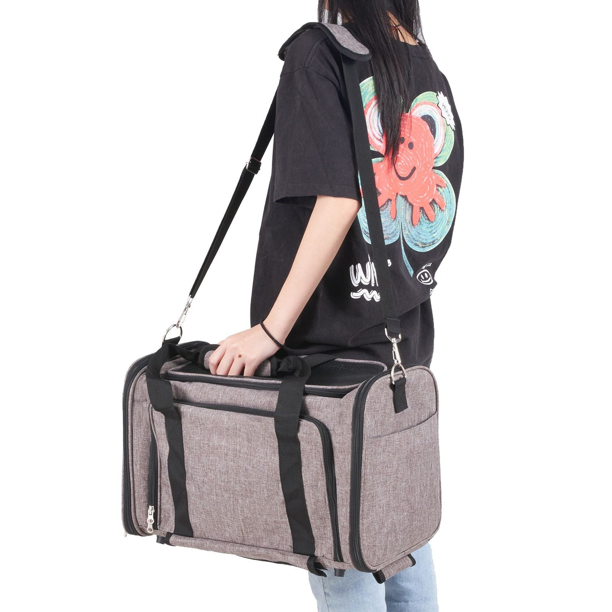 Cat Carrier with Wheels, Airline Approved Rolling Pet Carrier with Telescopic Handle and Shoulder Strap, Dog Carrier with Wheels for Pets under 25 lbs, with 1 Folding Bowl, Grey