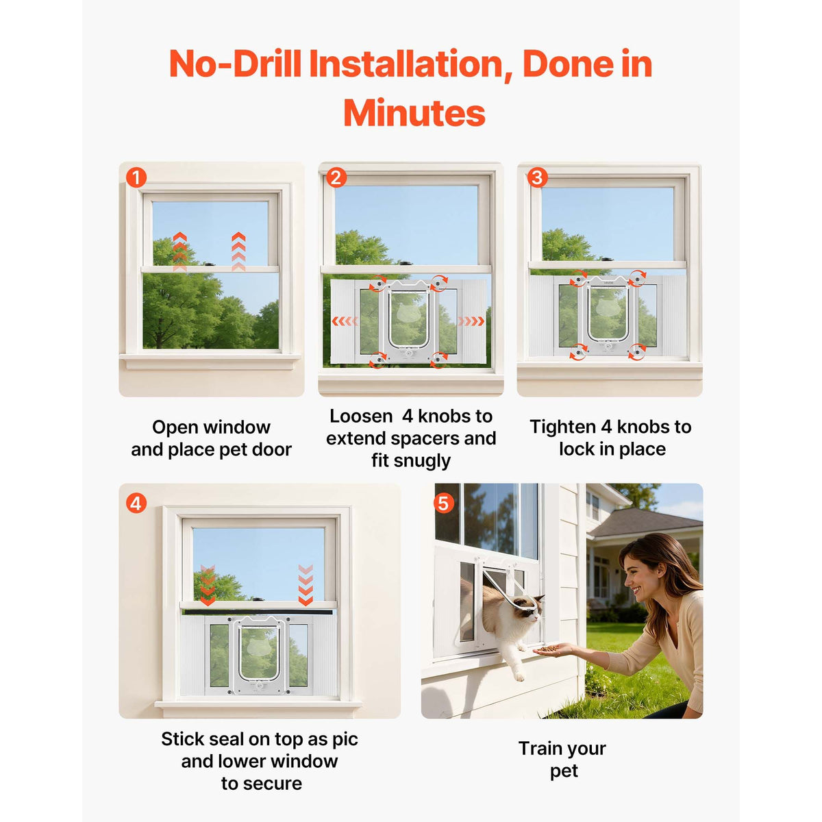 Cat Door for Window, Adjustable to Fit Window Width 23"-28", 4 Secure Lock Modes, Aluminum Frame and High-Transparency Glass, Magnetic Closure, Weatherproof Quick-Fit Pet Door for Cats, White