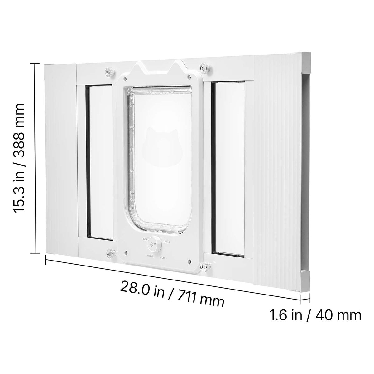 Cat Door for Window, Adjustable to Fit Window Width 23"-28", 4 Secure Lock Modes, Aluminum Frame and High-Transparency Glass, Magnetic Closure, Weatherproof Quick-Fit Pet Door for Cats, White