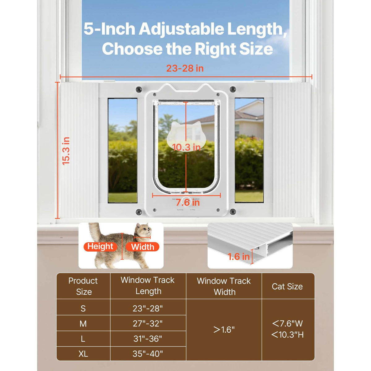 Cat Door for Window, Adjustable to Fit Window Width 23"-28", 4 Secure Lock Modes, Aluminum Frame and High-Transparency Glass, Magnetic Closure, Weatherproof Quick-Fit Pet Door for Cats, White