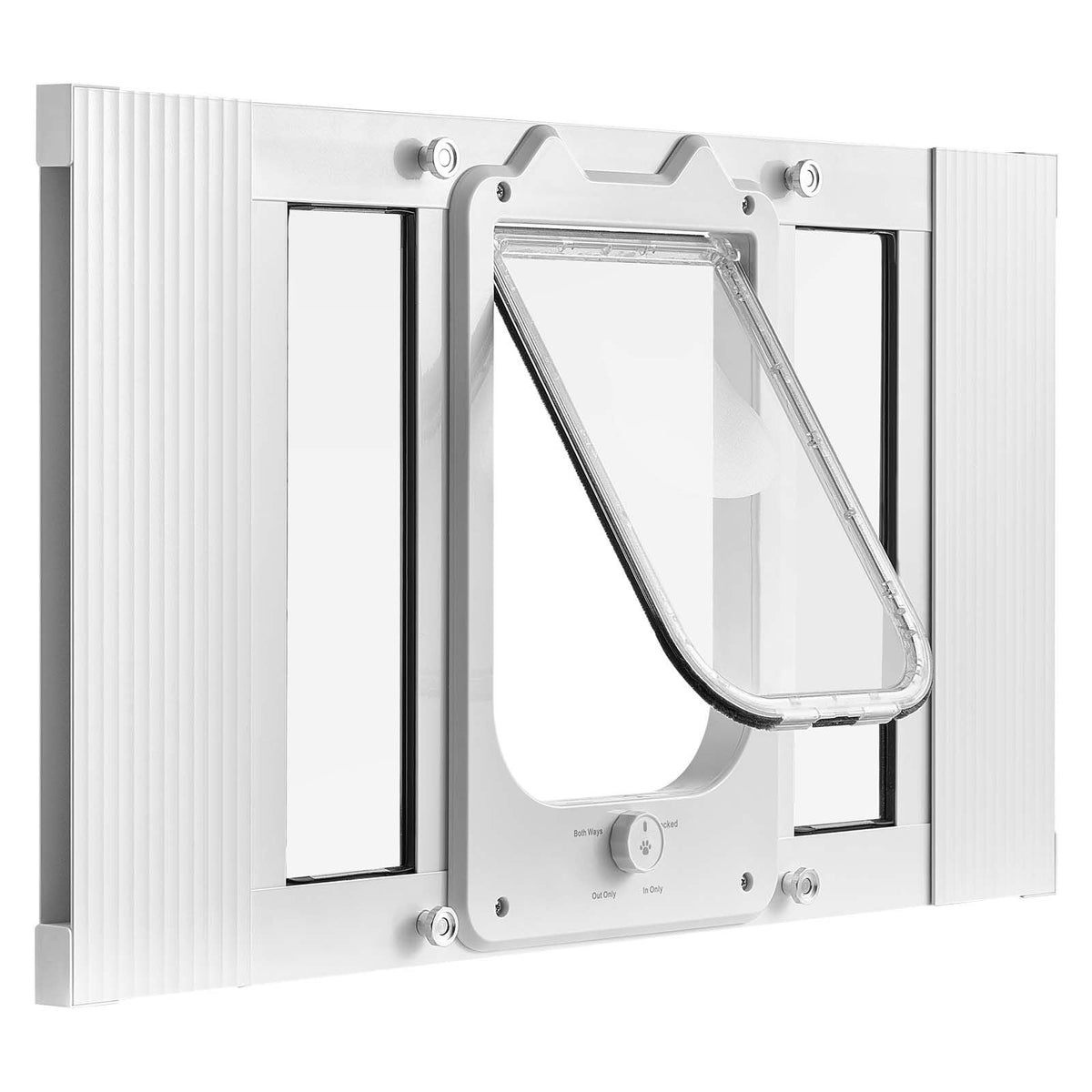 Cat Door for Window, Adjustable to Fit Window Width 23"-28", 4 Secure Lock Modes, Aluminum Frame and High-Transparency Glass, Magnetic Closure, Weatherproof Quick-Fit Pet Door for Cats, White