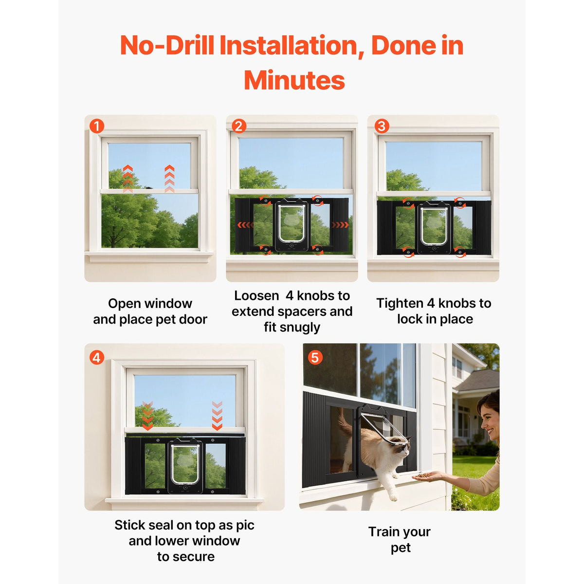 Cat Door for Window, Adjustable to Fit Window Width 27"-32", 4 Secure Lock Modes, Aluminum Frame and High-Transparency Glass, Magnetic Closure, Weatherproof Quick-Fit Pet Door for Cats, Black