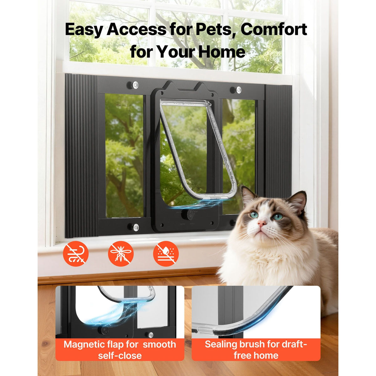 Cat Door for Window, Adjustable to Fit Window Width 27"-32", 4 Secure Lock Modes, Aluminum Frame and High-Transparency Glass, Magnetic Closure, Weatherproof Quick-Fit Pet Door for Cats, Black
