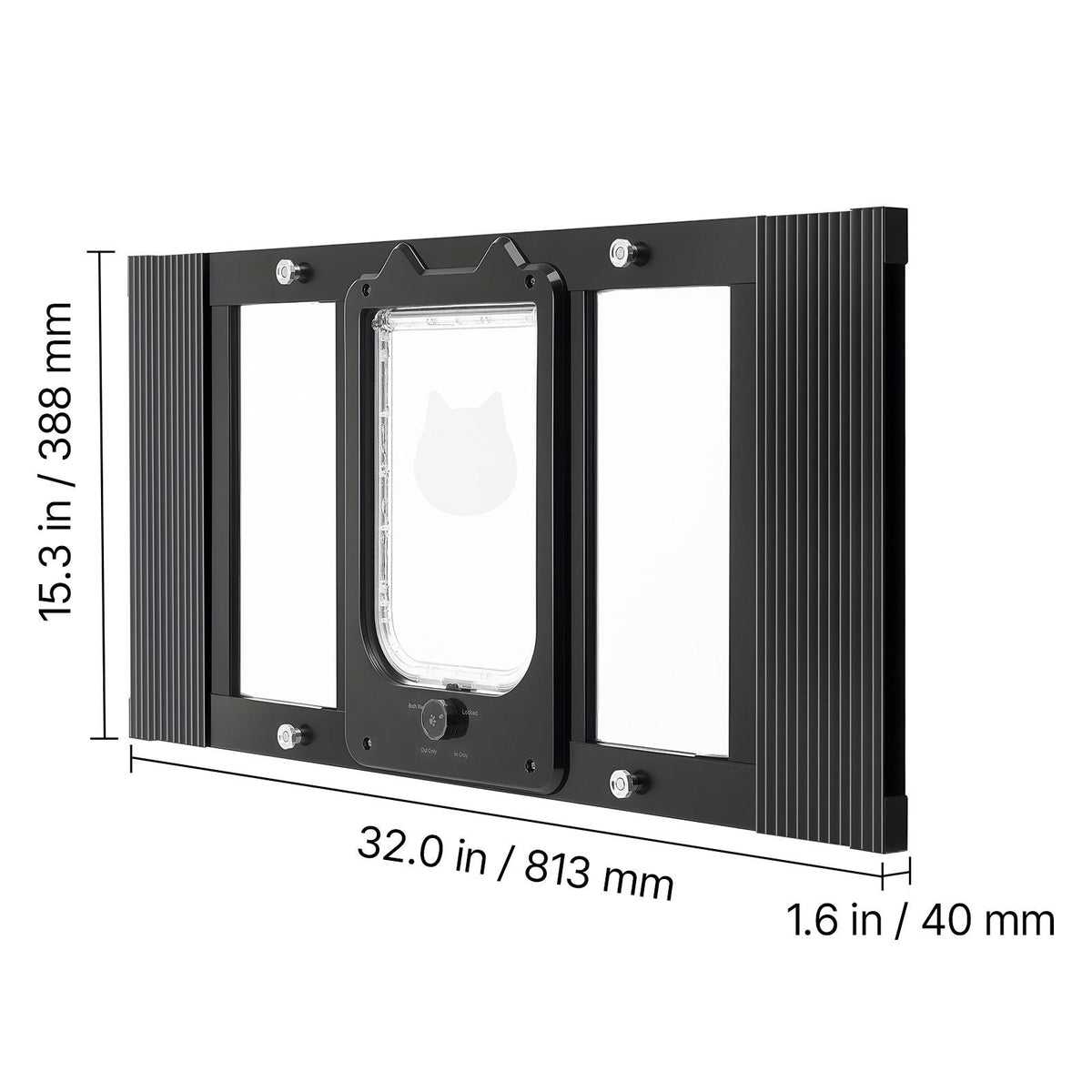 Cat Door for Window, Adjustable to Fit Window Width 27"-32", 4 Secure Lock Modes, Aluminum Frame and High-Transparency Glass, Magnetic Closure, Weatherproof Quick-Fit Pet Door for Cats, Black