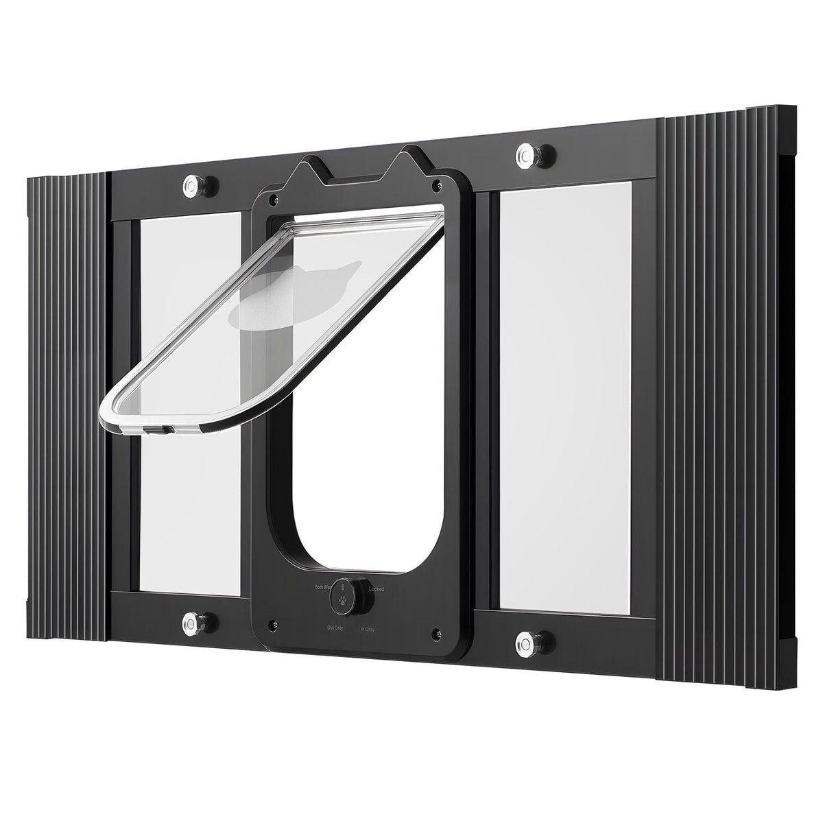 Cat Door for Window, Adjustable to Fit Window Width 27"-32", 4 Secure Lock Modes, Aluminum Frame and High-Transparency Glass, Magnetic Closure, Weatherproof Quick-Fit Pet Door for Cats, Black