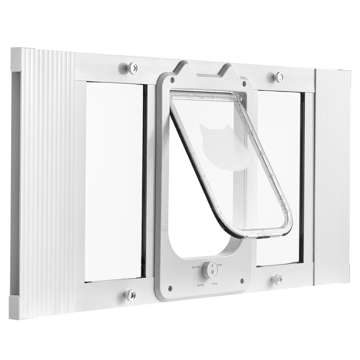 Cat Door for Window, Adjustable to Fit Window Width 27"-32", 4 Secure Lock Modes, Aluminum Frame and High-Transparency Glass, Magnetic Closure, Weatherproof Quick-Fit Pet Door for Cats, White