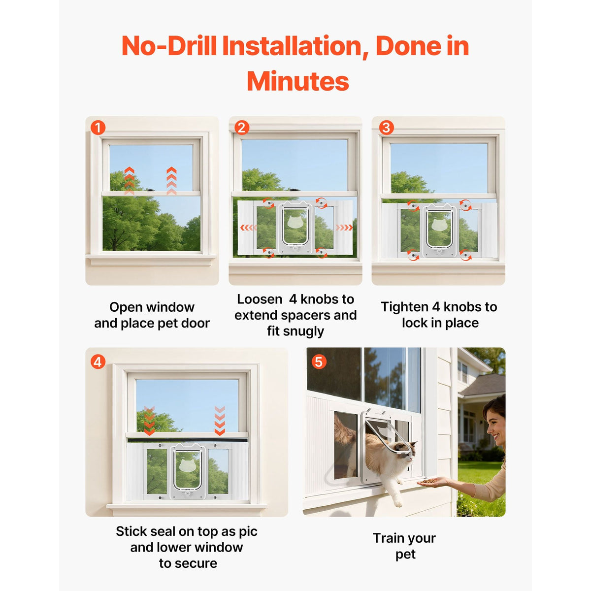 Cat Door for Window, Adjustable to Fit Window Width 27"-32", 4 Secure Lock Modes, Aluminum Frame and High-Transparency Glass, Magnetic Closure, Weatherproof Quick-Fit Pet Door for Cats, White