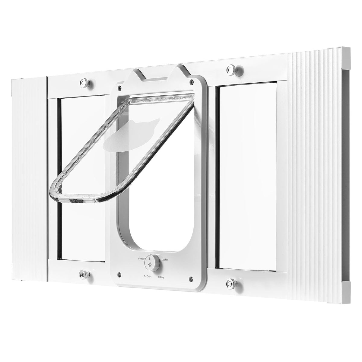 Cat Door for Window, Adjustable to Fit Window Width 27"-32", 4 Secure Lock Modes, Aluminum Frame and High-Transparency Glass, Magnetic Closure, Weatherproof Quick-Fit Pet Door for Cats, White