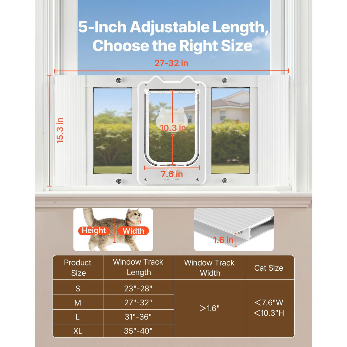 Cat Door for Window, Adjustable to Fit Window Width 27"-32", 4 Secure Lock Modes, Aluminum Frame and High-Transparency Glass, Magnetic Closure, Weatherproof Quick-Fit Pet Door for Cats, White