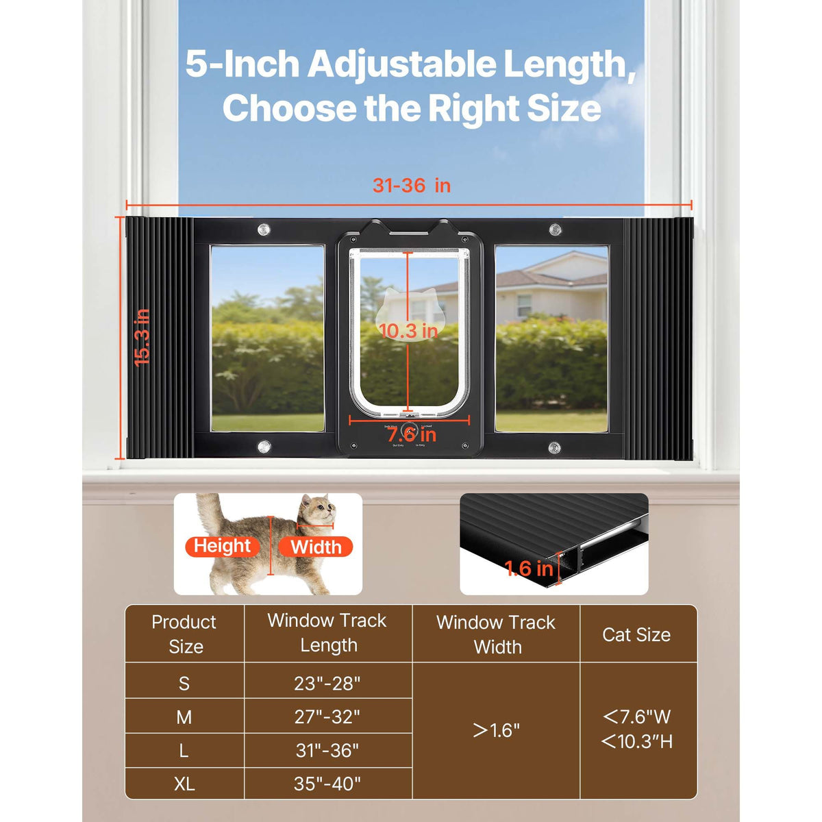 Cat Door for Window, Adjustable to Fit Window Width 31"-36", 4 Secure Lock Modes, Aluminum Frame and High-Transparency Glass, Magnetic Closure, Weatherproof Quick-Fit Pet Door for Cats, Black