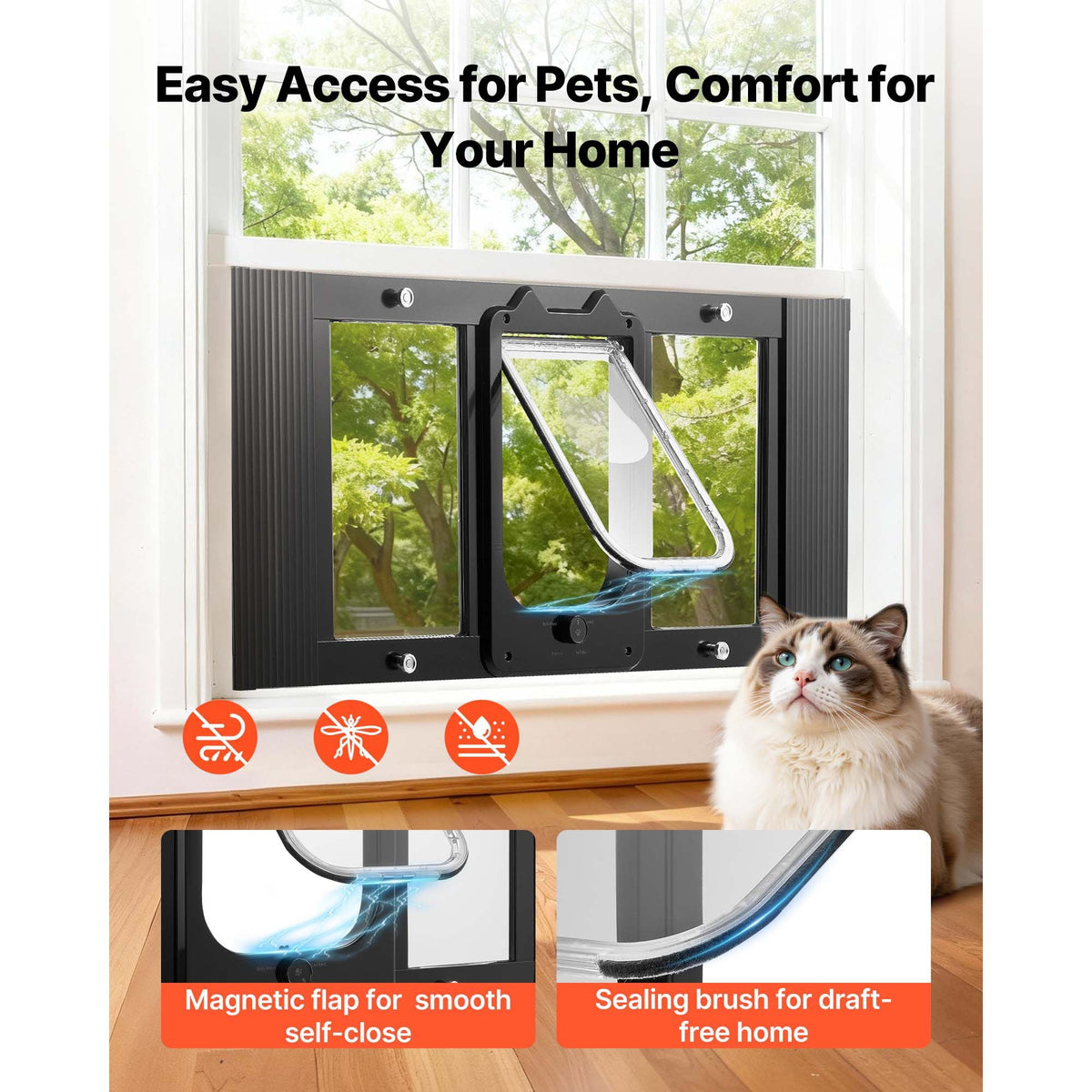 Cat Door for Window, Adjustable to Fit Window Width 31"-36", 4 Secure Lock Modes, Aluminum Frame and High-Transparency Glass, Magnetic Closure, Weatherproof Quick-Fit Pet Door for Cats, Black