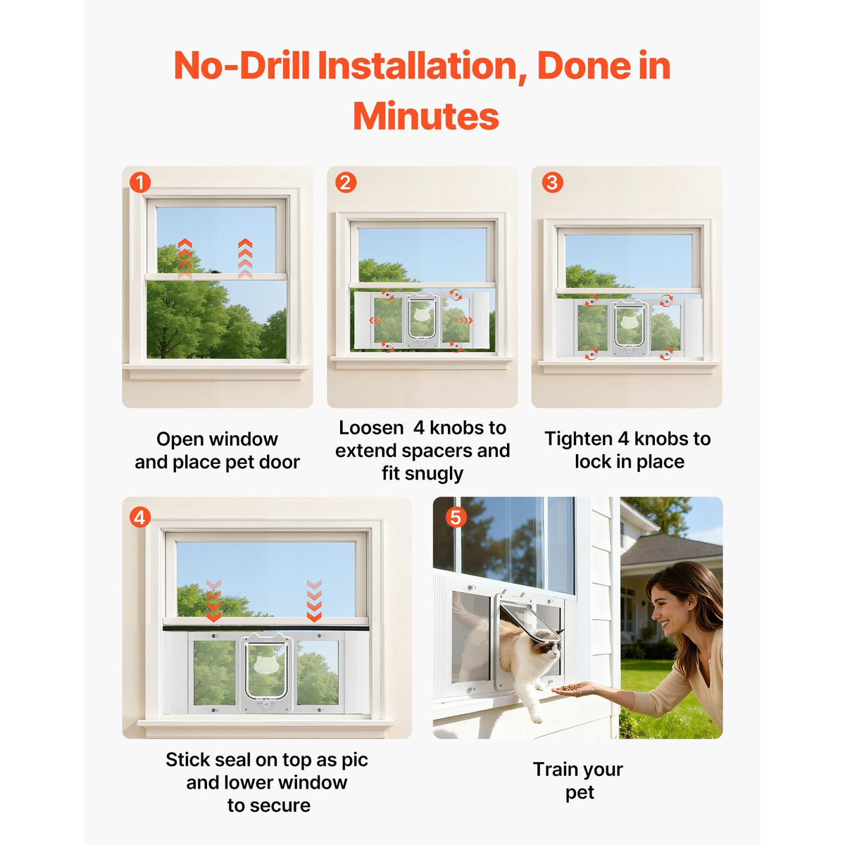 Cat Door for Window, Adjustable to Fit Window Width 31"-36", 4 Secure Lock Modes, Aluminum Frame and High-Transparency Glass, Magnetic Closure, Weatherproof Quick-Fit Pet Door for Cats, White