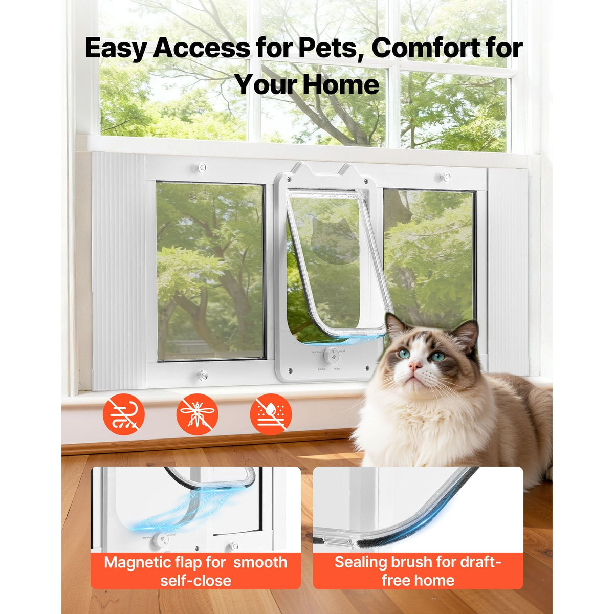 Cat Door for Window, Adjustable to Fit Window Width 35"-40", 4 Secure Lock Modes, Aluminum Frame and High-Transparency Glass, Magnetic Closure, Weatherproof Quick-Fit Pet Door for Cats, White