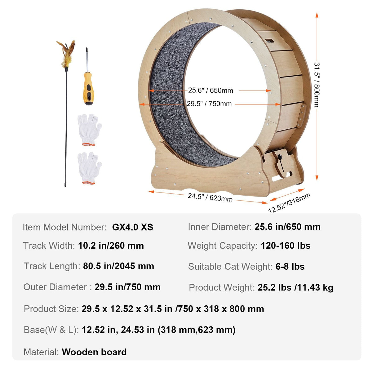 Cat Exercise Wheel, Large Cat Treadmill Wheel for Indoor Cats, 29.5 inch Cat Running Wheel with Detachable Carpet and Cat Teaser for Running/Walking/Training, Suitable for Most Cats