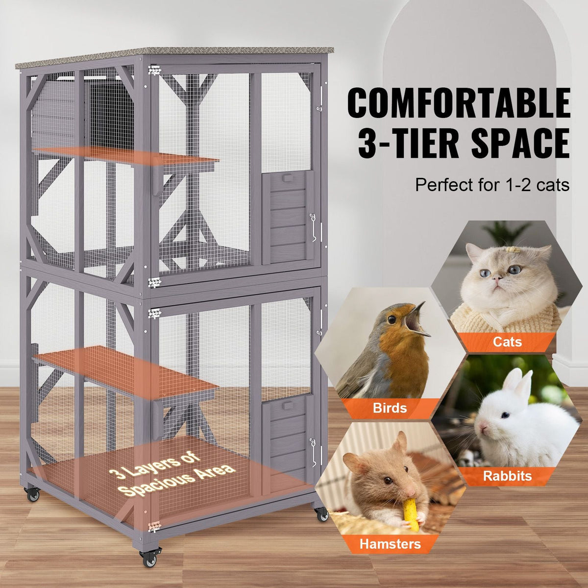 Cat House Outdoor, 3-Tier Large Catio, Cat Enclosure with 360° Rotating Casters, 2 Platforms, A Resting Box and Large Front Door, 29.9 x 34 x 64.1 inch