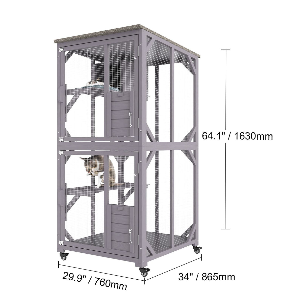 Cat House Outdoor, 3-Tier Large Catio, Cat Enclosure with 360° Rotating Casters, 2 Platforms, A Resting Box and Large Front Door, 29.9 x 34 x 64.1 inch