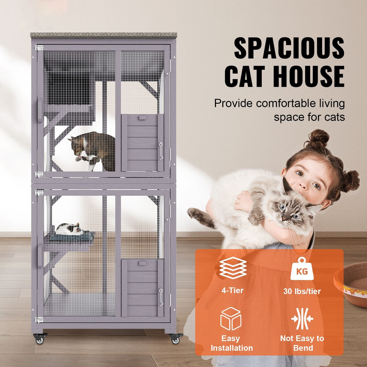 Cat House Outdoor, 3-Tier Large Catio, Cat Enclosure with 360° Rotating Casters, 2 Platforms, A Resting Box and Large Front Door, 29.9 x 34 x 64.1 inch
