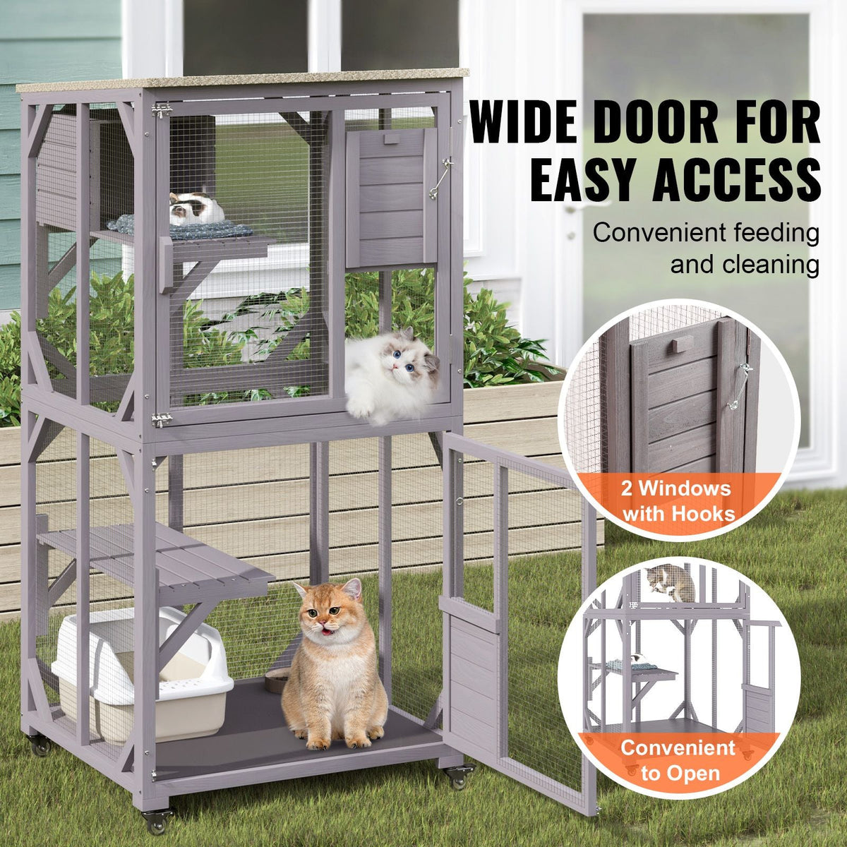 Cat House Outdoor, 3-Tier Large Catio, Cat Enclosure with 360° Rotating Casters, 2 Platforms, A Resting Box and Large Front Door, 29.9 x 34 x 64.1 inch