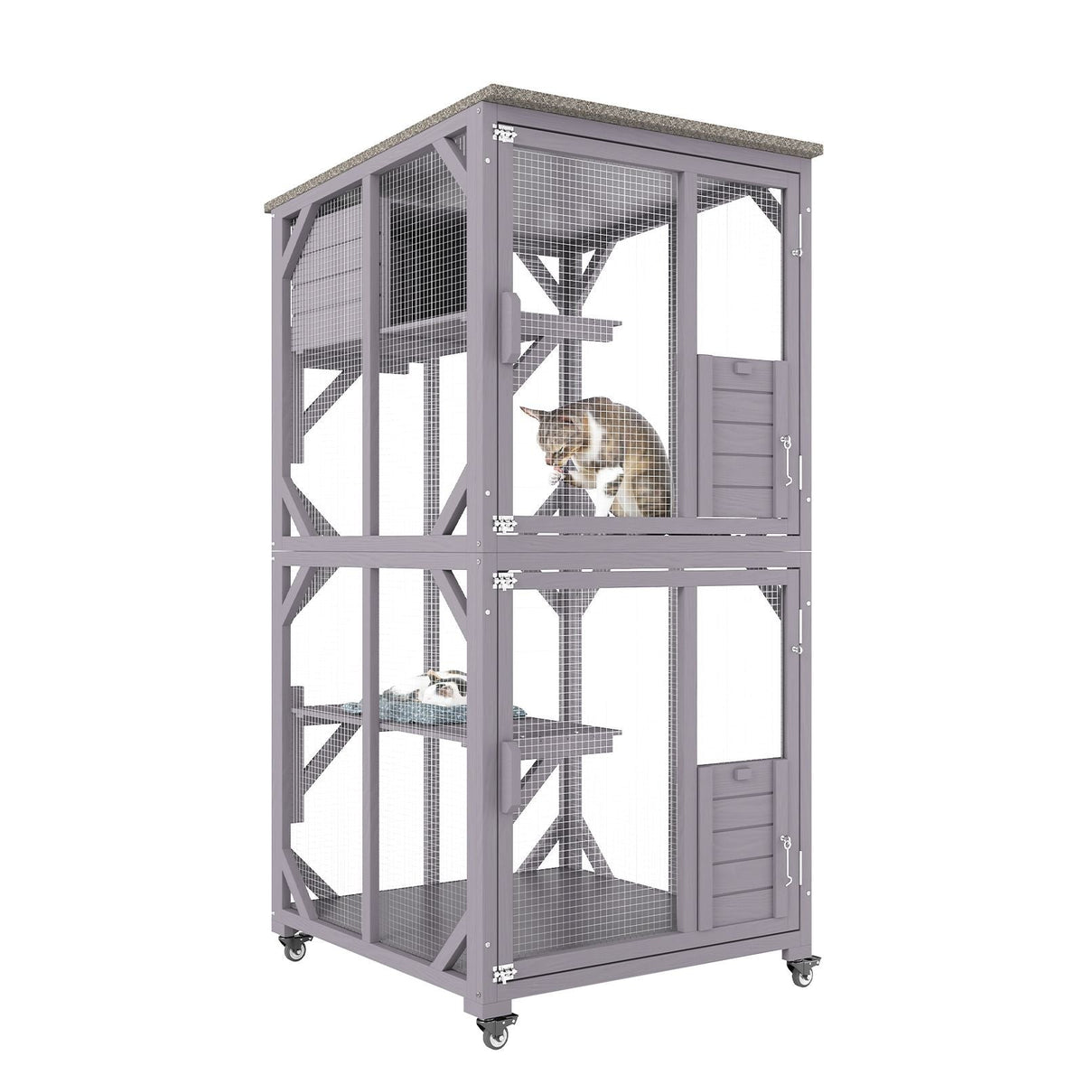 Cat House Outdoor, 3-Tier Large Catio, Cat Enclosure with 360° Rotating Casters, 2 Platforms, A Resting Box and Large Front Door, 29.9 x 34 x 64.1 inch