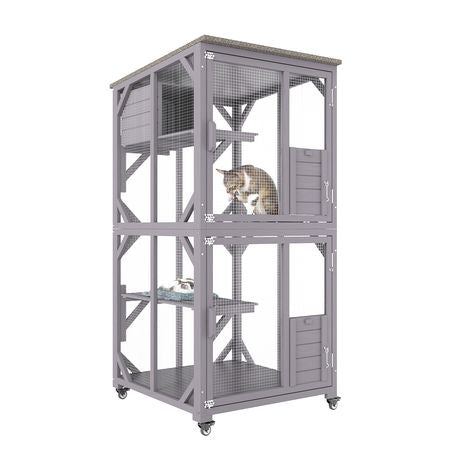 Cat House Outdoor, 3-Tier Large Catio, Cat Enclosure with 360° Rotating Casters, 2 Platforms, A Resting Box and Large Front Door, 29.9 x 34 x 64.1 inch