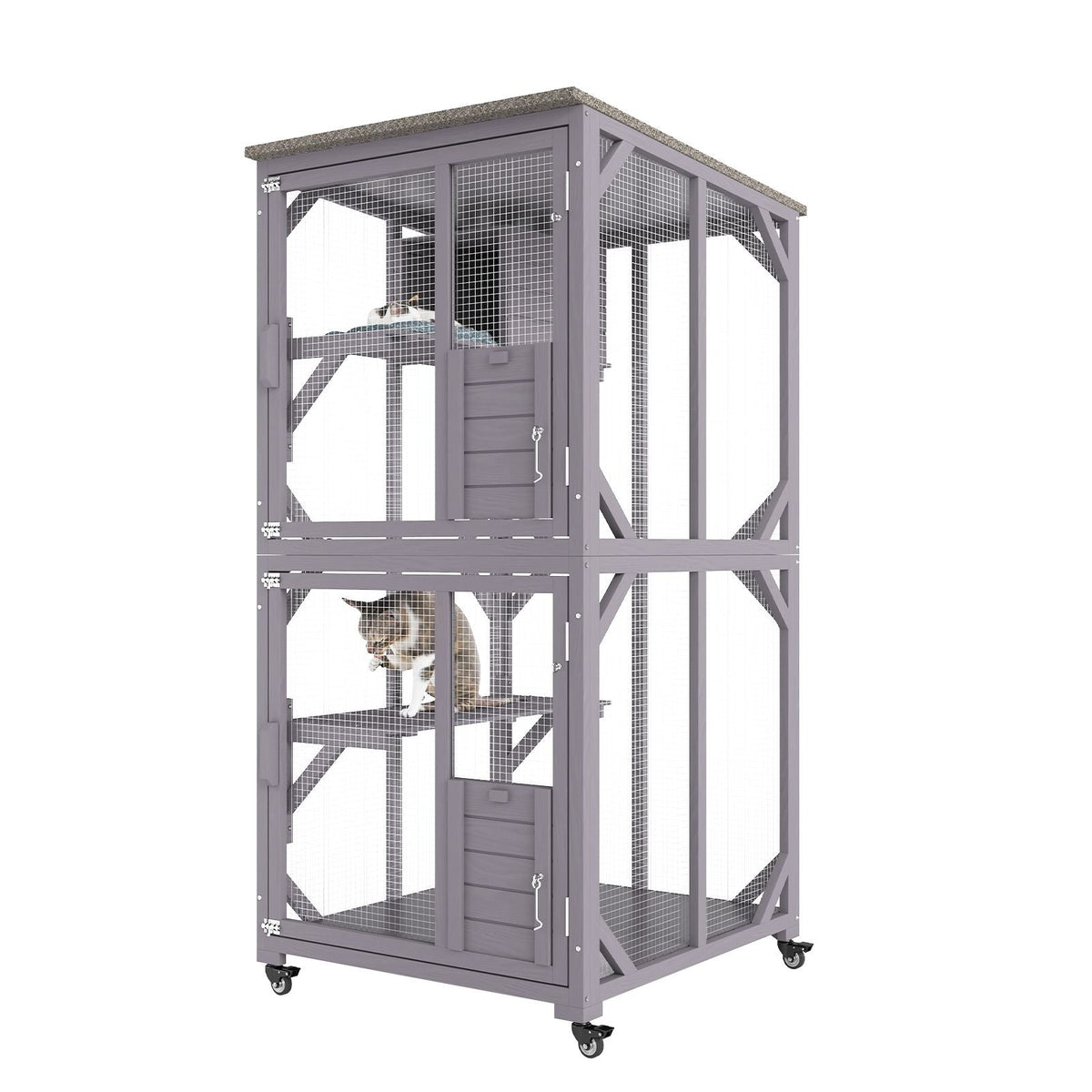 Cat House Outdoor, 3-Tier Large Catio, Cat Enclosure with 360° Rotating Casters, 2 Platforms, A Resting Box and Large Front Door, 29.9 x 34 x 64.1 inch