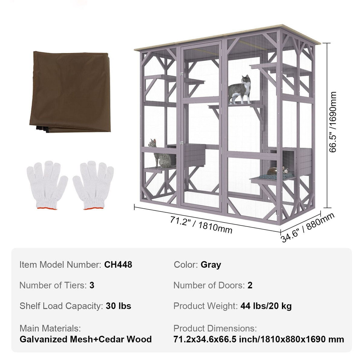 Cat House Outdoor, 7-Tier Large Catio, Cat Enclosure with 5 Platforms, 2 Resting Boxes & Large Front Door, 71.2 x 34.6 x 66.5 inch