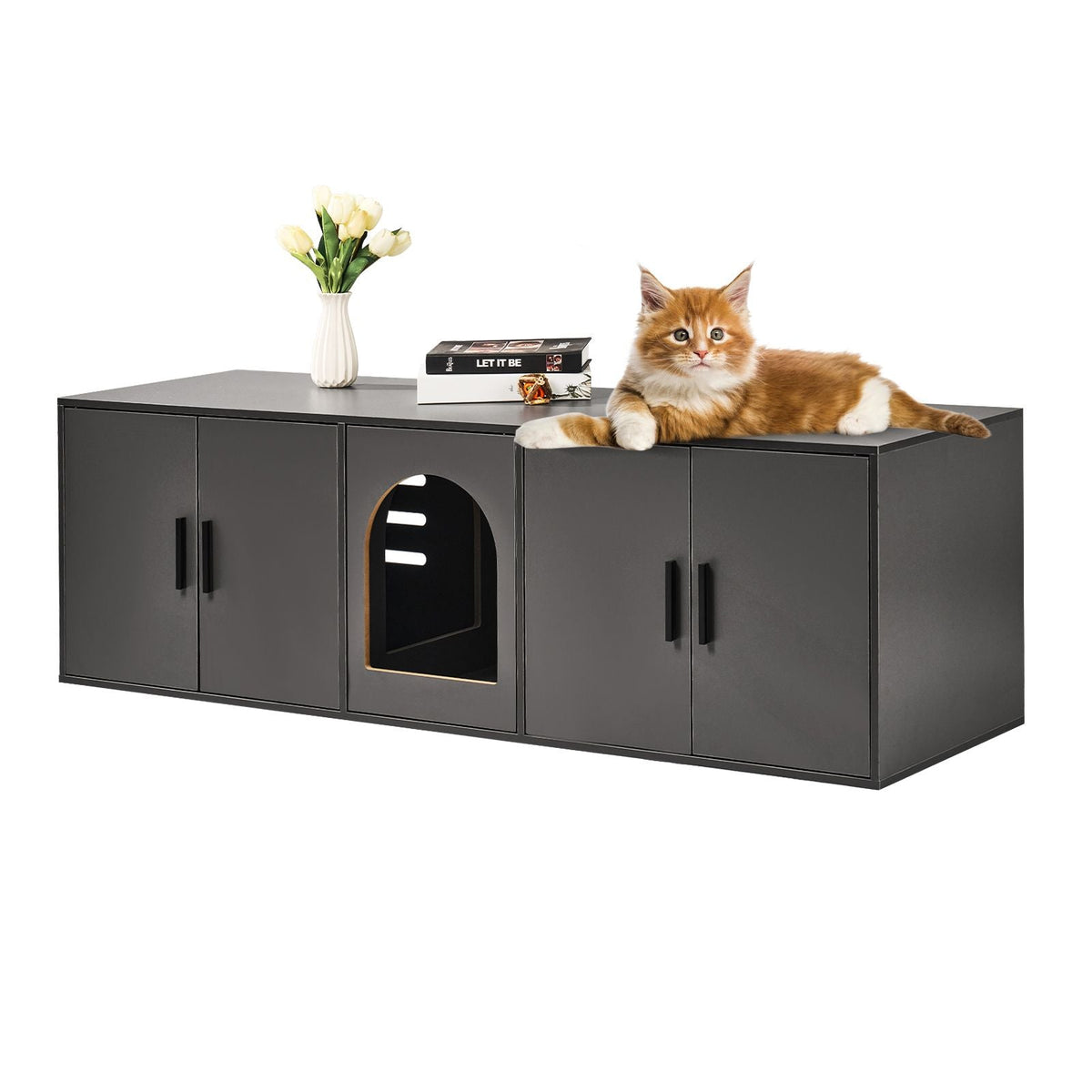 Cat Litter Box Enclosure for 2 Cats, Litter Box Furniture Hidden with Double Rooms, Wooden Cat Box Cabinet Fit Most of Litter Box, 57.9"L x 18.3"W x 17.9"H, Black
