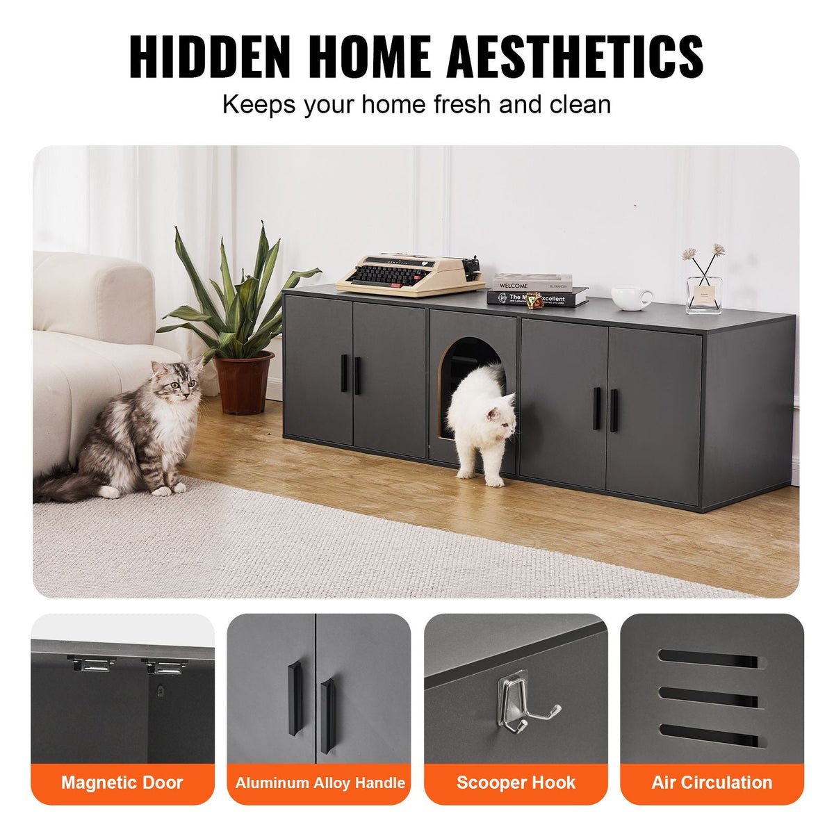 Cat Litter Box Enclosure for 2 Cats, Litter Box Furniture Hidden with Double Rooms, Wooden Cat Box Cabinet Fit Most of Litter Box, 57.9"L x 18.3"W x 17.9"H, Black