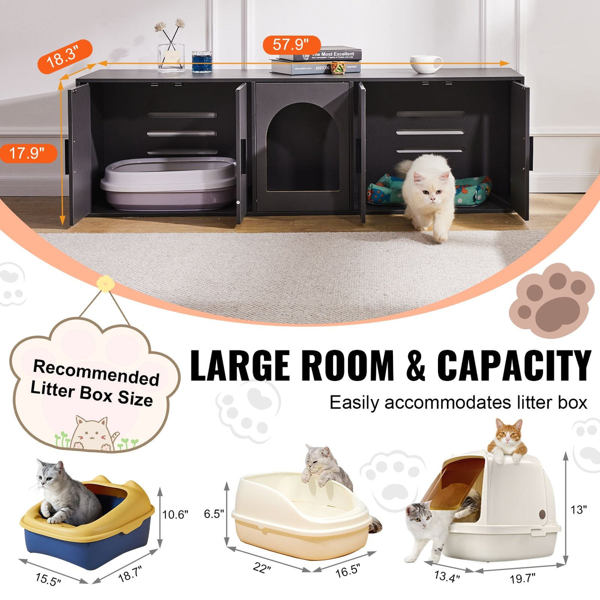 Cat Litter Box Enclosure for 2 Cats, Litter Box Furniture Hidden with Double Rooms, Wooden Cat Box Cabinet Fit Most of Litter Box, 57.9"L x 18.3"W x 17.9"H, Black