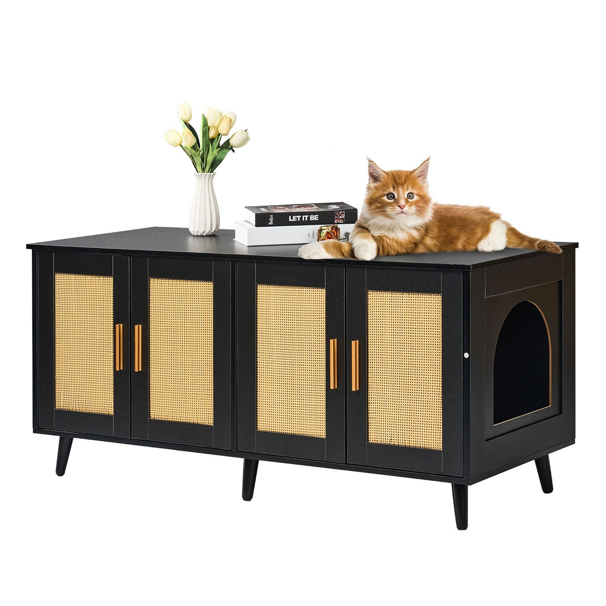 Cat Litter Box Enclosure for 2 Cats, Litter Box Furniture Hidden with Rattan Decorated Doors, Wooden Cat Box Cabinet Fit Most of Litter Box, 47.2"L x 19.7"W x 21.7"H, Black
