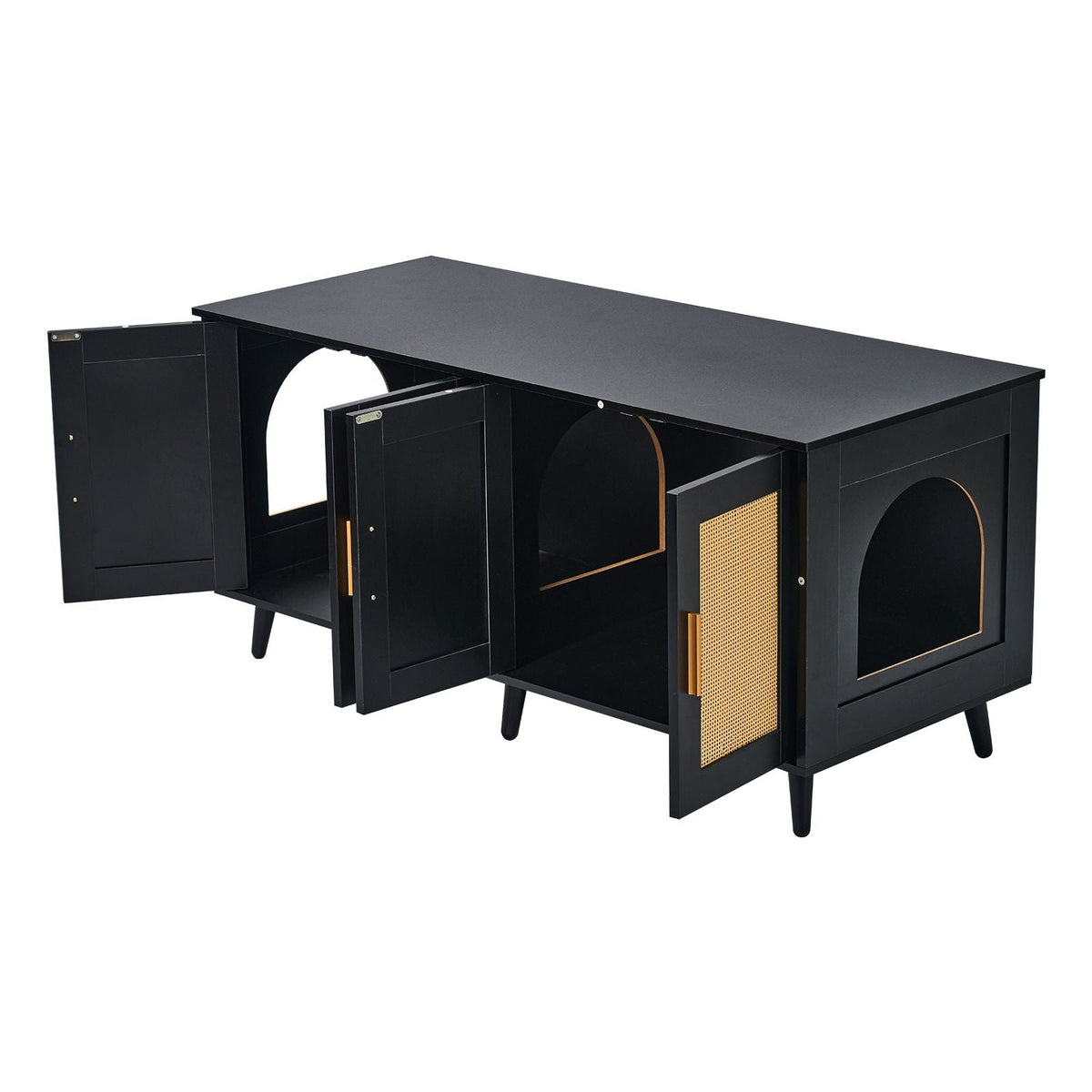 Cat Litter Box Enclosure for 2 Cats, Litter Box Furniture Hidden with Rattan Decorated Doors, Wooden Cat Box Cabinet Fit Most of Litter Box, 47.2"L x 19.7"W x 21.7"H, Black