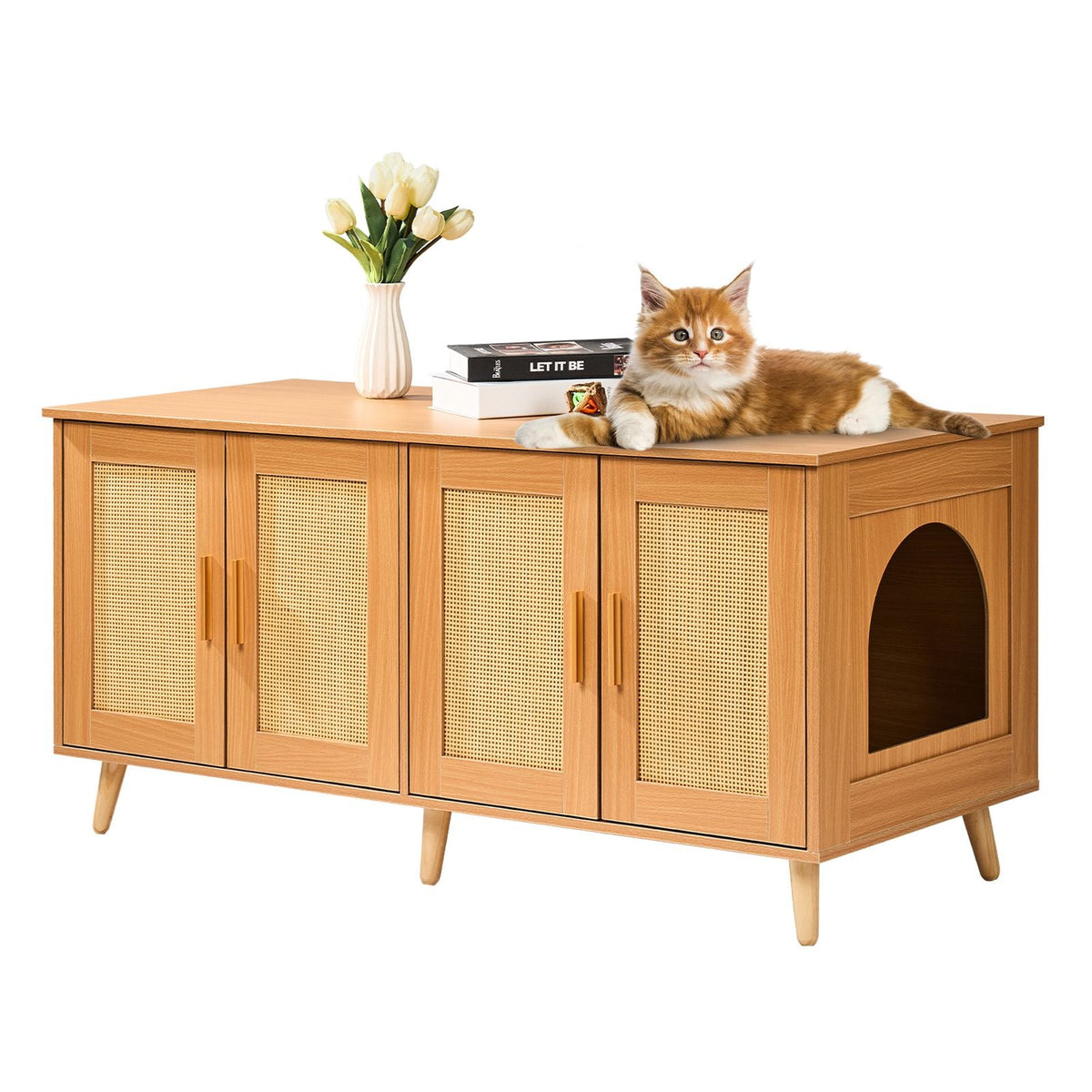Cat Litter Box Enclosure for 2 Cats, Litter Box Furniture Hidden with Rattan Decorated Doors, Wooden Cat Box Cabinet Fit Most of Litter Box, 47.2"L x 19.7"W x 21.7"H, Natural
