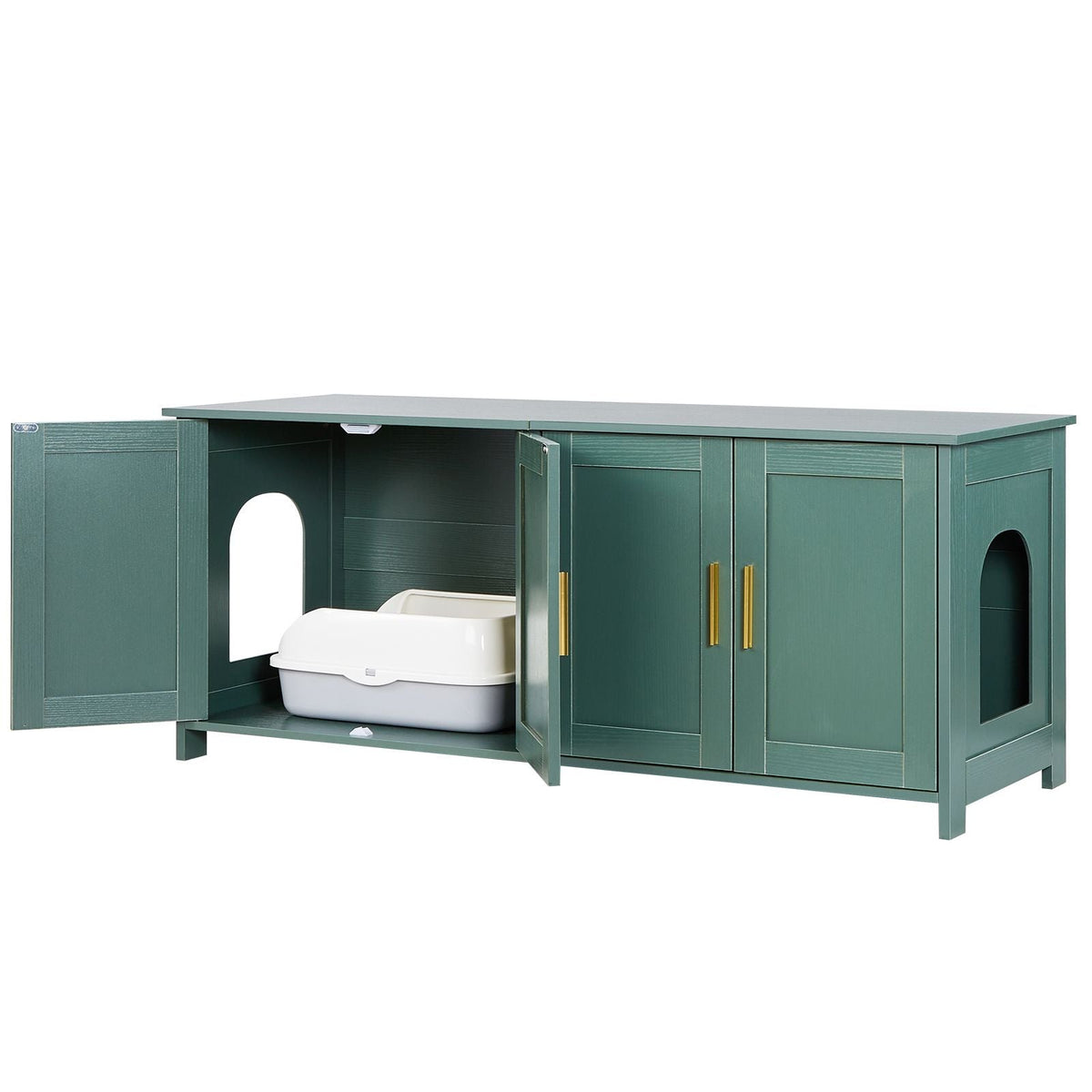 Cat Litter Box Enclosure for Multi Cats, 47.2 in Hidden Litter Box Cabinet with 4 Doors & 2 Entries, Indoor Cat Washroom, Wooden Kitty House Furniture Side Table, Fit Most Litterboxes, Green