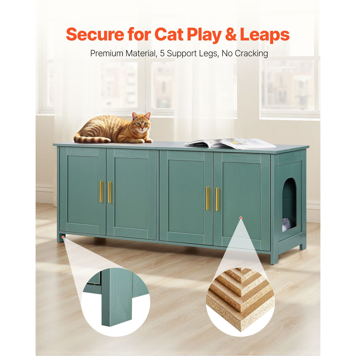 Cat Litter Box Enclosure for Multi Cats, 47.2 in Hidden Litter Box Cabinet with 4 Doors & 2 Entries, Indoor Cat Washroom, Wooden Kitty House Furniture Side Table, Fit Most Litterboxes, Green