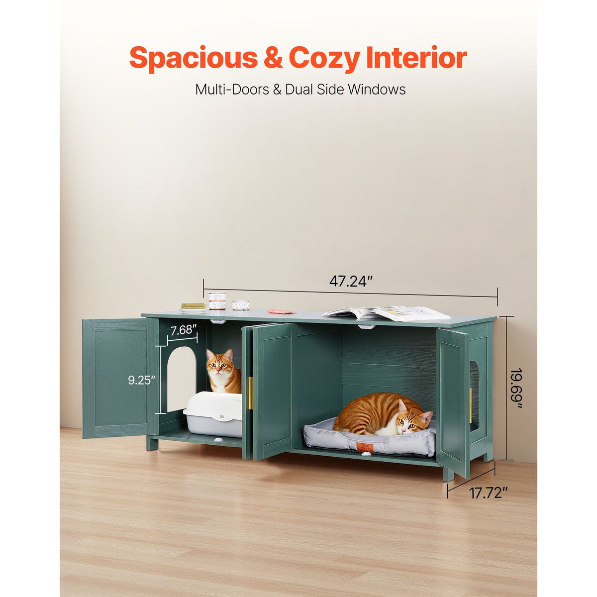 Cat Litter Box Enclosure for Multi Cats, 47.2 in Hidden Litter Box Cabinet with 4 Doors & 2 Entries, Indoor Cat Washroom, Wooden Kitty House Furniture Side Table, Fit Most Litterboxes, Green