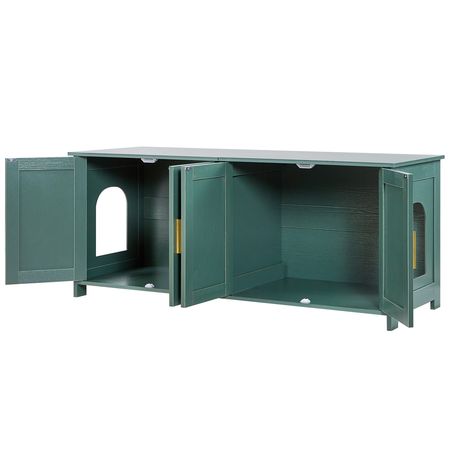 Cat Litter Box Enclosure for Multi Cats, 47.2 in Hidden Litter Box Cabinet with 4 Doors & 2 Entries, Indoor Cat Washroom, Wooden Kitty House Furniture Side Table, Fit Most Litterboxes, Green
